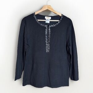 Talbots Rhinestone Silk Blend Top 3/4 Sleeve Black Size Large EUC Stretchy